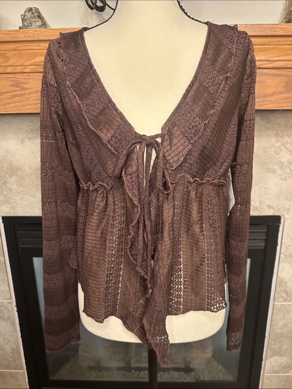 La Peche L Brown Lace Open Knit Tie Front Ruffle Cardigan Top NWT
